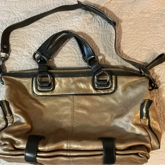 COACH Bronze Metallic Chocolate Brown Leather Shoulder Bag w Strap & Hangtag - Picture 10 of 14